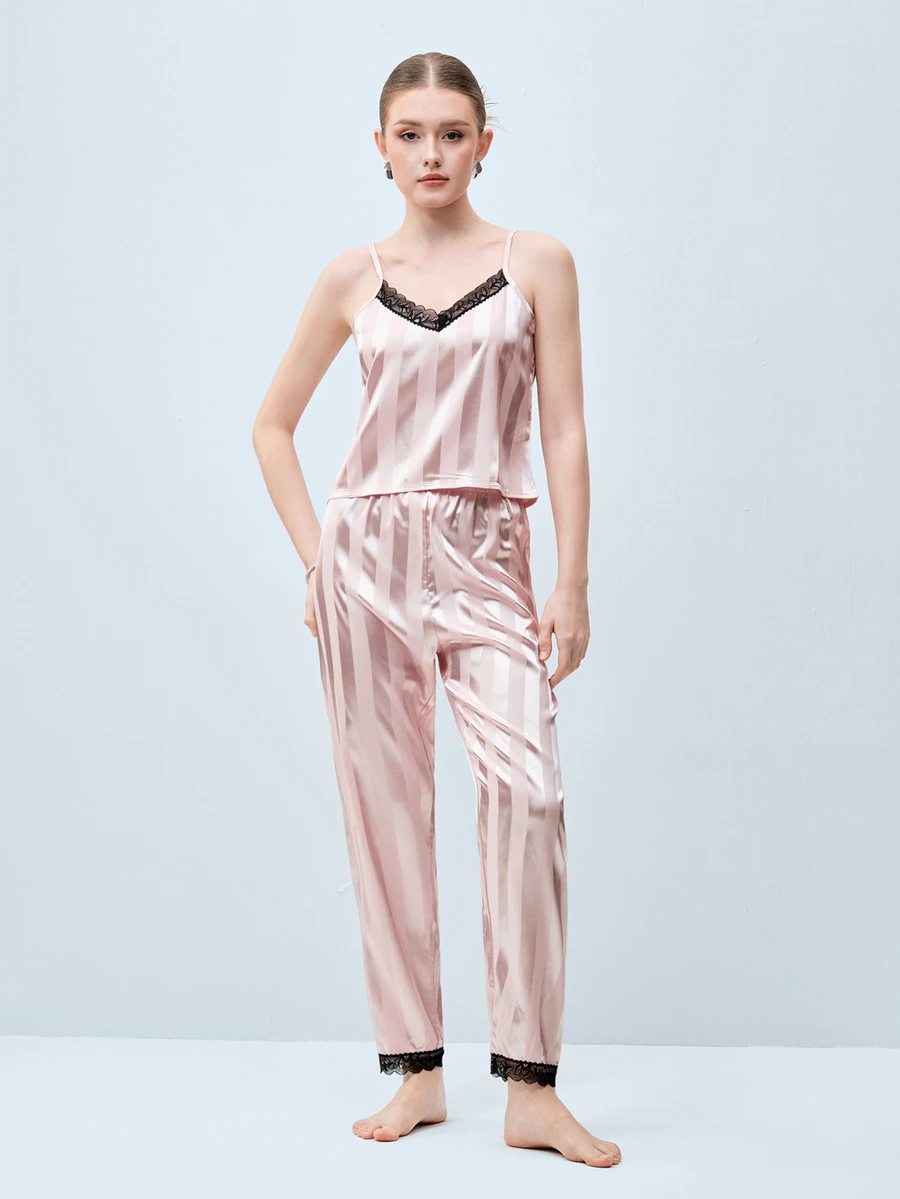 Softvol Contrast Lace Satin PJ Set / Pajama Set - Baby Pink - View 1