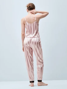 Softvol Contrast Lace Satin PJ Set / Pajama Set - Baby Pink - View 2