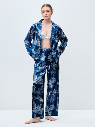 Softvol 2pcs/Set Premium Jungle Animal Print Pajama Set, Long Sleeve Deep V-Neck Lapel Top + Slightly Wide Leg Pants, Casual Home Wear