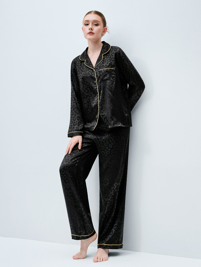 Softvol Black Leopard Jacquard Women's Long Sleeve Top & Pants Pajama Set, Fall & Winter Clothes