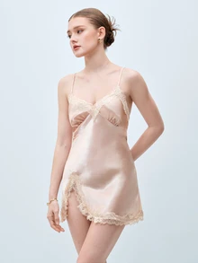 Softvol 1pc Elegant Lace Trim Silk Nightgown, Sexy Split Spaghetti Strap Nightdress, Minimalist Sexy Style, Random Lace Direction, Suitable For Home Use - Champagne - View 4