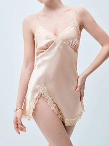 Softvol 1pc Elegant Lace Trim Silk Nightgown, Sexy Split Spaghetti Strap Nightdress, Minimalist Sexy Style, Random Lace Direction, Suitable For Home Use - Champagne - View 5