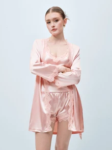 Softvol 5pcs Solid Satin & Lace Patchwork Sleepwear Set, Including Long Sleeve Robe, V-Neck Camisole, Shorts, Pants And Belt, Elegant Nightwear And Loungewear For Women - Dusty Pink - View 7