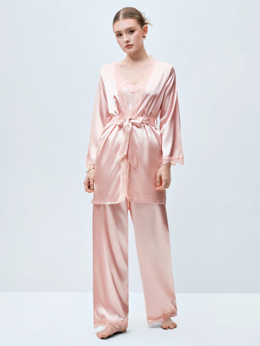 Softvol 5pcs Solid Satin & Lace Patchwork Sleepwear Set, Including Long Sleeve Robe, V-Neck Camisole, Shorts, Pants And Belt, Elegant Nightwear And Loungewear For Women