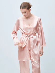 Softvol 5pcs Solid Satin & Lace Patchwork Sleepwear Set, Including Long Sleeve Robe, V-Neck Camisole, Shorts, Pants And Belt, Elegant Nightwear And Loungewear For Women - Dusty Pink - View 10