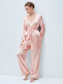 Softvol 5pcs Solid Satin & Lace Patchwork Sleepwear Set, Including Long Sleeve Robe, V-Neck Camisole, Shorts, Pants And Belt, Elegant Nightwear And Loungewear For Women - Dusty Pink - View 11