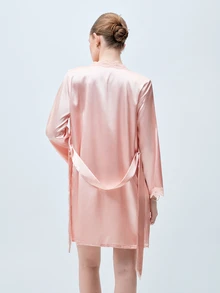 Softvol 5pcs Solid Satin & Lace Patchwork Sleepwear Set, Including Long Sleeve Robe, V-Neck Camisole, Shorts, Pants And Belt, Elegant Nightwear And Loungewear For Women - Dusty Pink - View 3