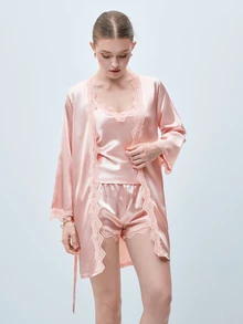 Softvol 5pcs Solid Satin & Lace Patchwork Sleepwear Set, Including Long Sleeve Robe, V-Neck Camisole, Shorts, Pants And Belt, Elegant Nightwear And Loungewear For Women - Dusty Pink - View 5