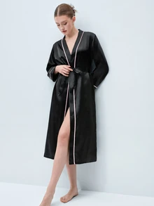 Softvol 1 件优雅女士长睡衣，时尚简约风格秋冬长袍带腰带，适合伴娘、家居睡衣，四季舒适，适合秋季 - 黑色 - 查看 9