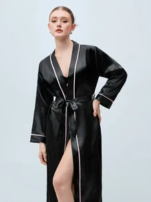 Softvol 1 件优雅女士长睡衣，时尚简约风格秋冬长袍带腰带，适合伴娘、家居睡衣，四季舒适，适合秋季 - 黑色 - 查看 7