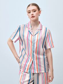 Softvol Women's Striped Patchwork Single-Breasted Short Sleeve Top And Long Pants Casual Loungewear Set - Multicolor - View 4