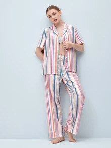 Softvol Women's Striped Patchwork Single-Breasted Short Sleeve Top And Long Pants Casual Loungewear Set - Multicolor - View 7