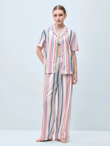 Softvol Women's Striped Patchwork Single-Breasted Short Sleeve Top And Long Pants Casual Loungewear Set - Multicolor - View 1