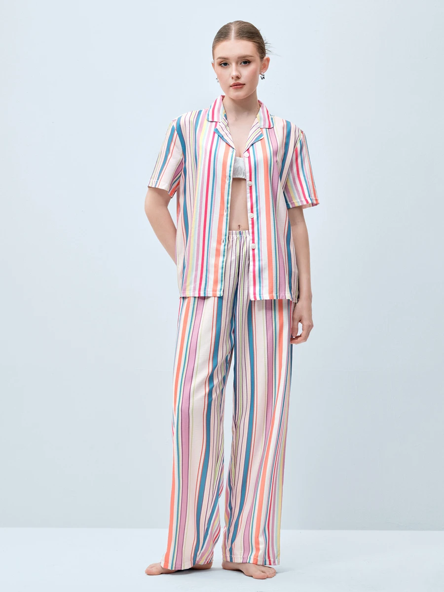 Softvol Women's Striped Patchwork Single-Breasted Short Sleeve Top And Long Pants Casual Loungewear Set - Multicolor - View 1
