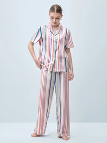 Softvol Women's Striped Patchwork Single-Breasted Short Sleeve Top And Long Pants Casual Loungewear Set - Multicolor - View 3