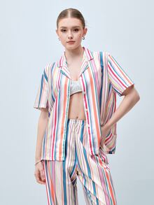 Softvol Women's Striped Patchwork Single-Breasted Short Sleeve Top And Long Pants Casual Loungewear Set - Multicolor - View 6