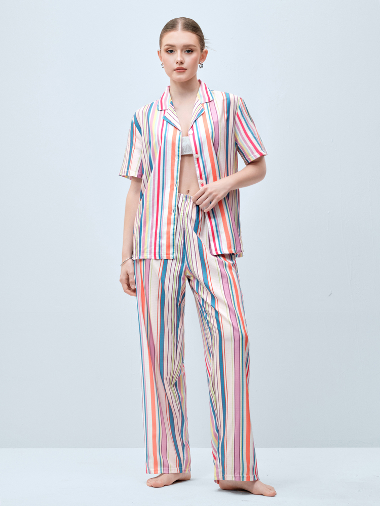 Softvol 女士条纹拼接单排扣短袖上衣和长裤休闲家居服套装 - 彩色 - 查看 5
