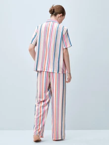 Softvol Women's Striped Patchwork Single-Breasted Short Sleeve Top And Long Pants Casual Loungewear Set - Multicolor - View 2