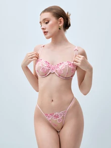 Softvol Summer Contrast Color Embroidered Breathable Sexy Lingerie Set, Rave - Pink - View 5