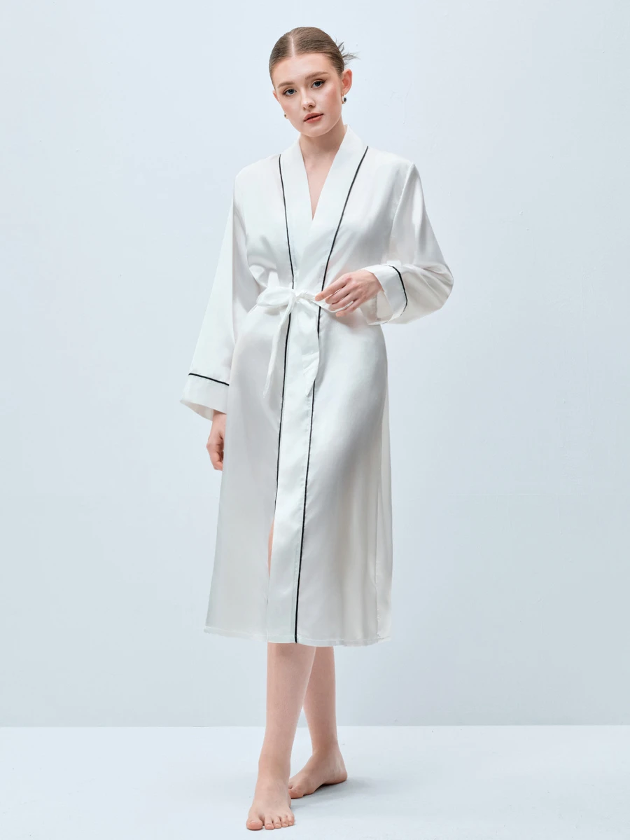 Softvol 女士优雅奢华V领系带睡袍,秋冬款,1件装 - 白色 - 查看 1