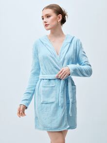 Softvol 1 件女士纯色连帽系带毛绒睡袍，舒适温暖，适合秋冬、秋季 - 淺藍色 - 查看 5