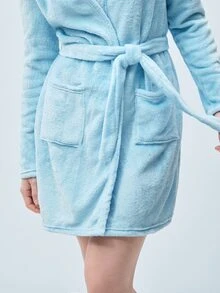 Softvol 1 件女士纯色连帽系带毛绒睡袍，舒适温暖，适合秋冬、秋季 - 淺藍色 - 查看 7