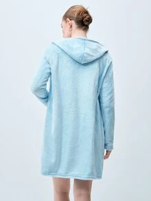 Softvol 1 件女士纯色连帽系带毛绒睡袍，舒适温暖，适合秋冬、秋季 - 淺藍色 - 查看 2