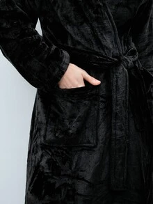 Softvol 1件女士舒适简约纯色加厚珊瑚绒连帽睡袍，适合秋冬季居家穿着，蓬松柔软。 - 黑色 - 查看 8