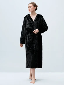 Softvol 1件女士舒适简约纯色加厚珊瑚绒连帽睡袍，适合秋冬季居家穿着，蓬松柔软。 - 黑色 - 查看 3