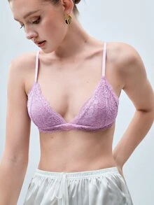 Softvol 節日季超薄新娘內衣女款文胸 花卉圖案小胸蕾絲胸罩上衣 女款柔軟無縫文胸 性感紫色內衣 - 淡紫色 - 查看 7