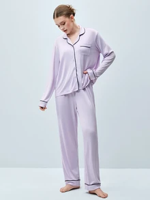Softvol 2件組女款缺口領長袖睡衣上衣 + 睡褲，舒適休閒居家睡衣可愛居家服套裝 - 淡紫色 - 查看 4