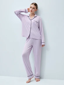 Softvol 2件組女款缺口領長袖睡衣上衣 + 睡褲，舒適休閒居家睡衣可愛居家服套裝 - 淡紫色 - 查看 2