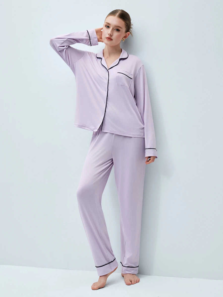 Softvol 2件組女款缺口領長袖睡衣上衣 + 睡褲，舒適休閒居家睡衣可愛居家服套裝