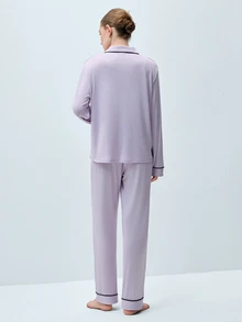 Softvol 2件組女款缺口領長袖睡衣上衣 + 睡褲，舒適休閒居家睡衣可愛居家服套裝 - 淡紫色 - 查看 3