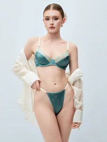 Softvol Women's Satin Floral Print Bra And Thong Set, Lace Trim 2-Piece Lingerie Set - Dusty Blue - View 6