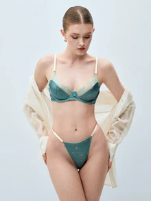 Softvol Women's Satin Floral Print Bra And Thong Set, Lace Trim 2-Piece Lingerie Set - Dusty Blue - View 8