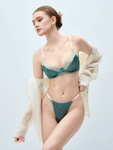 Softvol Women's Satin Floral Print Bra And Thong Set, Lace Trim 2-Piece Lingerie Set - Dusty Blue - View 1