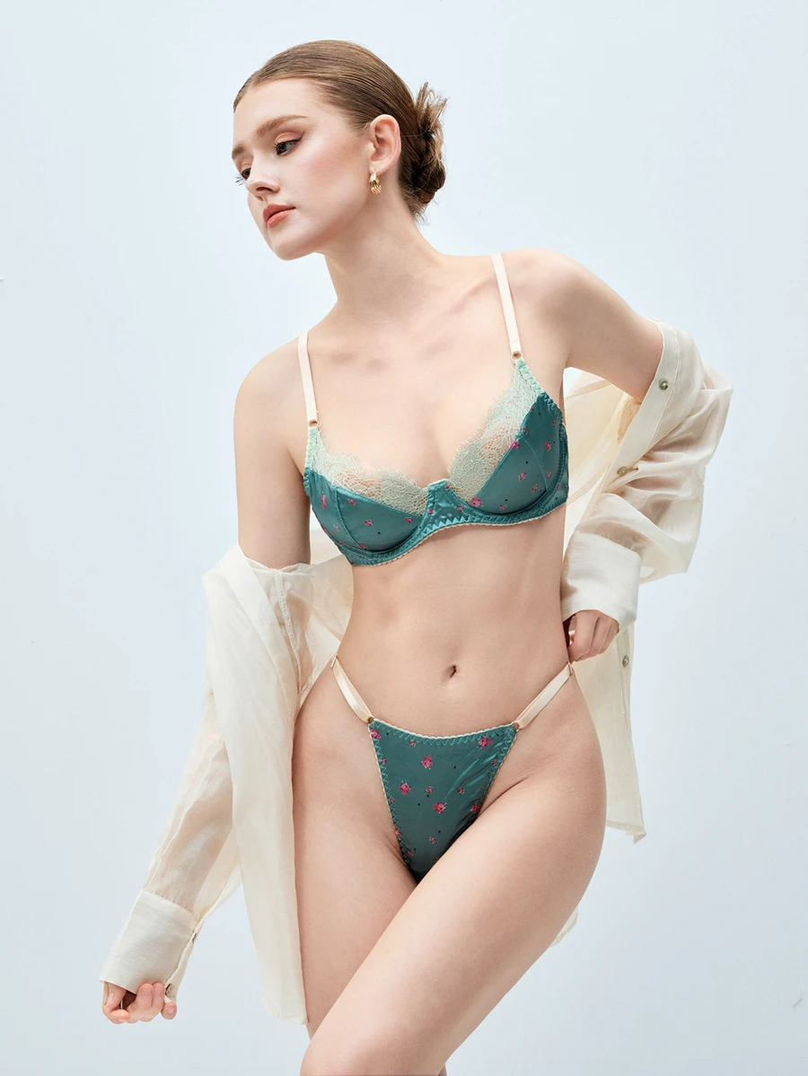 Softvol Women's Satin Floral Print Bra And Thong Set, Lace Trim 2-Piece Lingerie Set - Dusty Blue - View 1
