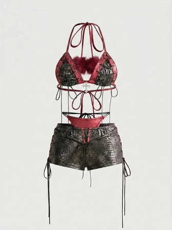 Hippie Set bikini a due pezzi in pizzo e pelliccia stile Y2K sexy per donne
