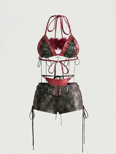 Hippie Y2K Sexy Lace-Up Fuzzy Bikini Two Pieces Set For Women