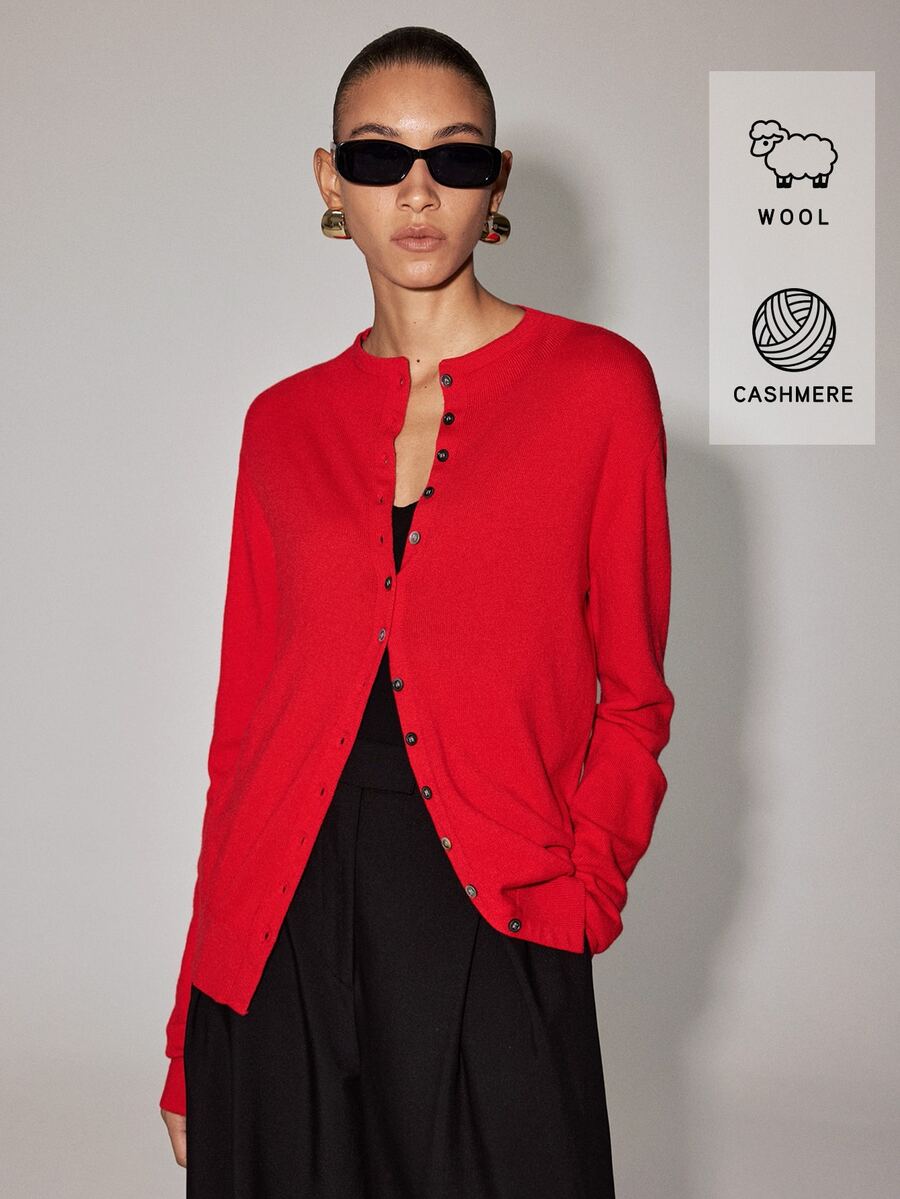 Anewsta Essential Wool Solid Button Front Sweater Office  Red Autumn Casual - Red - View 1
