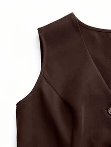 EMERY ROSE 女式纯色V领单排扣休闲西装背心 - 棕色 - 查看 6