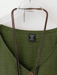 EMERY ROSE 2pcs/Set Women's V-Neck Coconut Button Decor 3/4 Sleeve Top + Straight Leg Solid Color Casual/Office Pants - Green - View 6