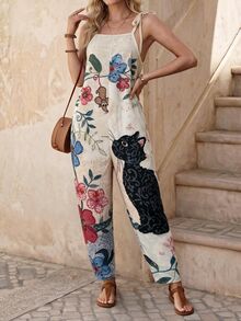 EMERY ROSE Women Loose Cute Cat Print 3D Pattern Stylish And Comfortable Jumpsuit - Multicolor - View 3