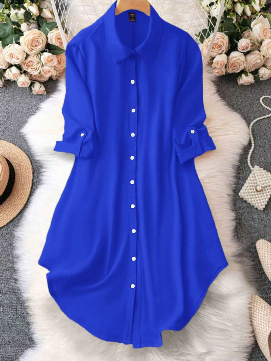 EMERY ROSE Women Solid Color Casual Daily Wear Mid-Sleeve Dress For Spring And Summer - Royal Blue - View 1