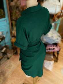 NostaNoir Women's Solid Color Single-Breasted Tie-Waist Casual Party Dress - Dark Green - View 2