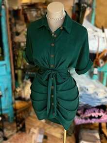NostaNoir Women's Solid Color Single-Breasted Tie-Waist Casual Party Dress - Dark Green - View 6
