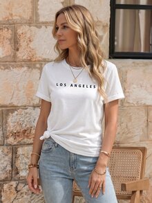 EMERY ROSE Women's Letter Printed Short Sleeve Top LOS ANGELES Graphic Tees Women Tops - White - View 3