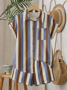 EMERY ROSE Vintage Contrast Color Striped Collared Short Sleeve Shirt & High Waist Wide Leg Shorts 2 Pieces Set, Loose Fit Versatile Casual Commuter Outfit - Multicolor - View 4