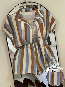 EMERY ROSE Vintage Contrast Color Striped Collared Short Sleeve Shirt & High Waist Wide Leg Shorts 2 Pieces Set, Loose Fit Versatile Casual Commuter Outfit - Multicolor - View 1